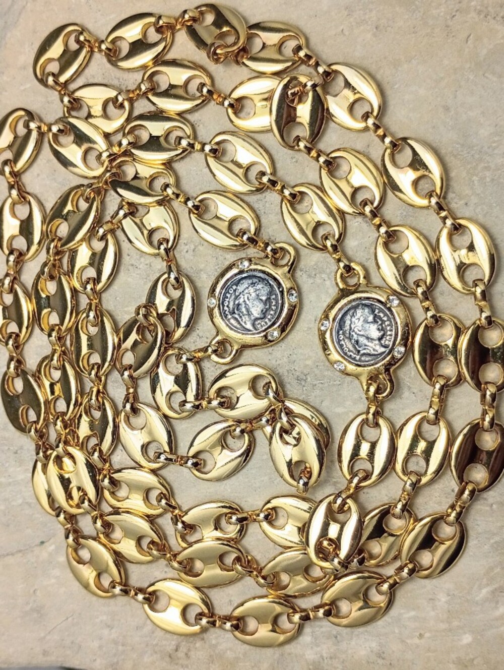 Vintage Roman Coin Puffed Mariner Stations Gold Tone Necklace 36"